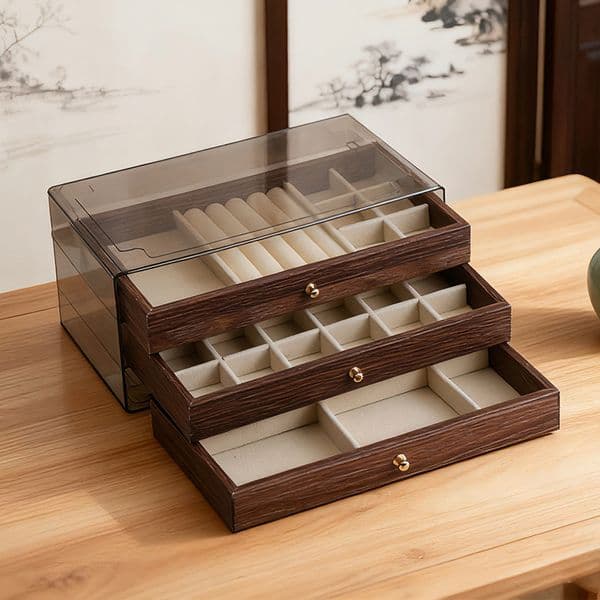 Walnut Grain Covered Drawer Bracelet Ring Earrings Necklace Desktop Jewelry Storage Box
