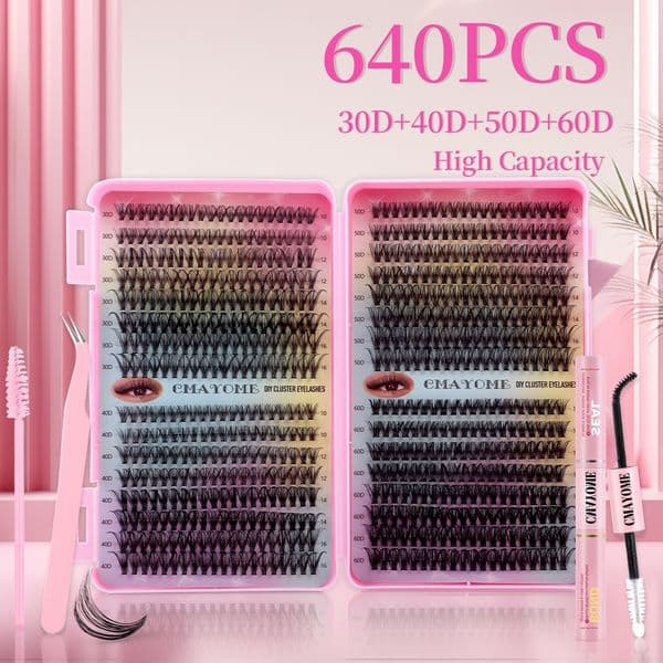 640Pcs DIY Cluster Lashes Kit Thick Natural DIYSegmented Eyelash Extensions Handmade Reusable Individual Eyelashes Natural-looking Volume Lashes