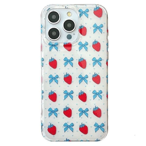 Polka Dot Bow Strawberry Phone Case Compatible iPhone 17/16 Pro Max Shockproof Protective Case iPhone 15/14