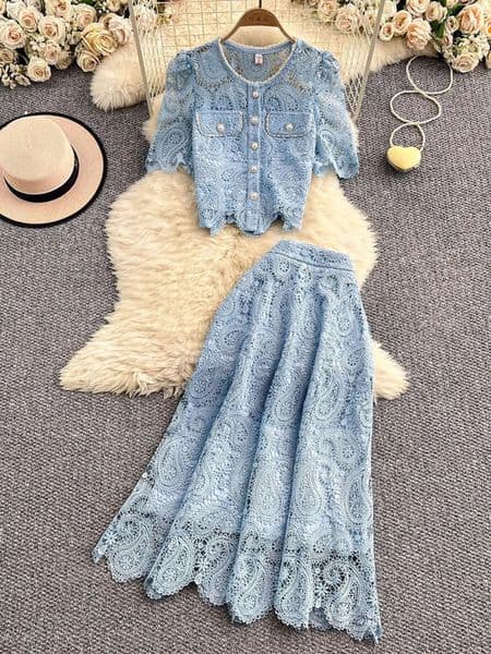 Elegant Pearl Long Dress Suit 2 Piece Sets Summer Short Sleeve Flower Embroidery Lace Shirt A Line Midi Skirt 251110