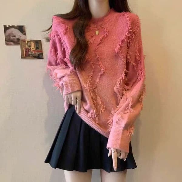 Autumn Winter New Tassel Gradient Color Loose Knitted Pullover Sweater Women Knitted Top Fashion Versatile