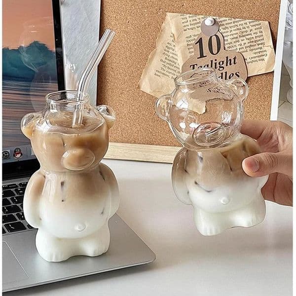 320ML Creative Cute Bear Glass Cups Coffee Mug with Straw Transparent Cup Beer Milk Water Bottles Glass Drinkware Tumblers Wholesale
