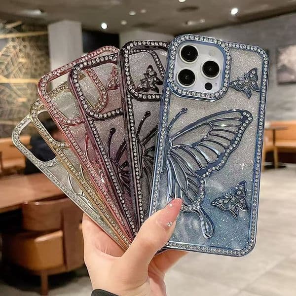Luxury 3D Glitter Butterfly Aesthetic Women Girls Shiny Sparkling Diamond Ombre Gradient Soft Silicone Shockproorf For iPhone 16e 16 15 14 13 12 11 Pro Max