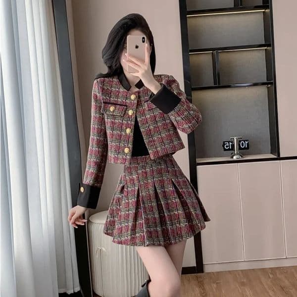 2025 Fall Winter Small Fragrant Tweed 2 Piece Set For Woman Elegant Fashion Jacket Coat Pleated Short Skirt TwoPiece Sets 251121BANJIA