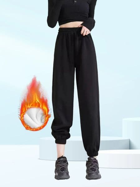 Womens Black/Burgundy Fleece Lined Loose Fit Joggers Casual Slimming Lantern Pants Winter Sport Trousers 251124