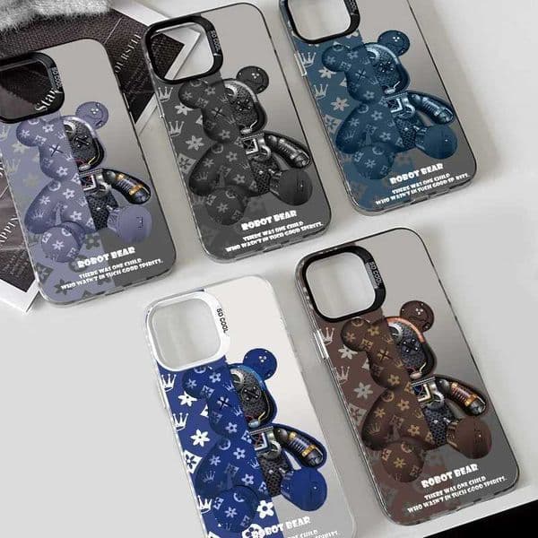 1PC Cartoon Robot Bear Cute luxury Art Phone Case Phone Case IMD color silver shell For iPhone 16 15 14 13 12 11 Pro Max PlusM251125
