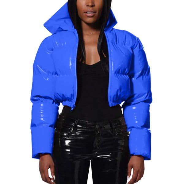 Ultra-Short Glossy Wet-Look Quilted Coats Streetwear Puffy Zip Up Stand Collar Padded Jackets Womens Hooded Bomber Jackets 251124