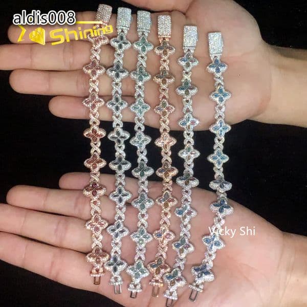Hot Selling 13MM 925 Sterling Silver Cuban Clover Bracelets Iced Out Hip Hop Infinity Colored Moissanite Cuban Bracelet