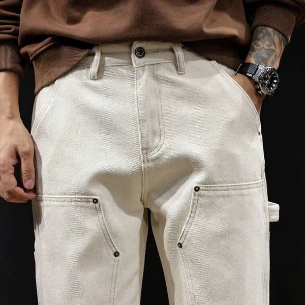 White Workwear Thigh Patch Jeans Mens Woodcutter Rivet Straight Denim Pants Spring Autumn American Retro Cotton Cargo 251124