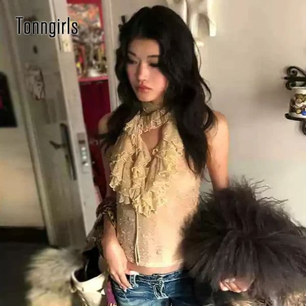 Tonngills Aesthetic 2000s T-shirt Womens Sleeveless Irregular Lace Ruffle Halterneck Top Y2k Fairycore Camis Patchwork Summer 250420BJ