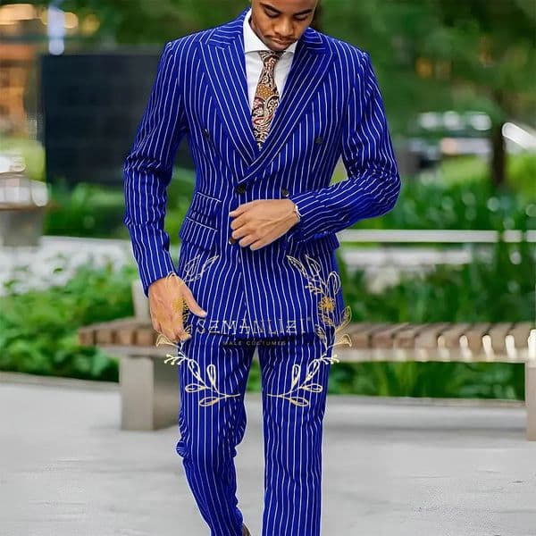 Fashion Double Breasted ed Lapel Blazer Royal Blue Striped Mens Suits Custom Wedding Tuxedos 2 Pieces Jacket Pants Outfits 251124BANJIA