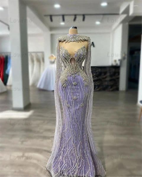 Party Dresses 2025 Customize Cape Sleeves Long Purple Prom Arabic Crystals Evening Gowns Robe Tassels Mermaid Luxury Celebrity