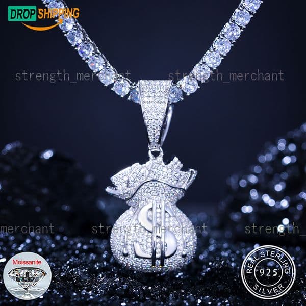 Dropshipping High Quality Bling Moissanite Money Bag Pendant 925 Silver VVS Diamond Dollar Necklace With Chain