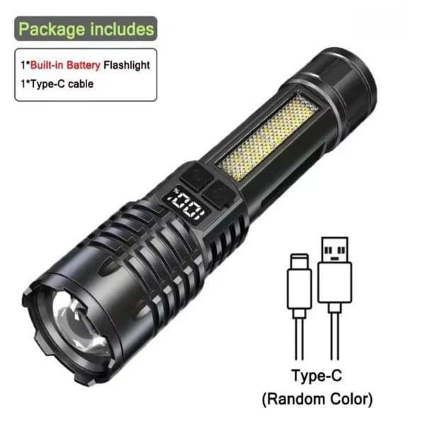 High Power USB Rechargeable Flashlight Super Bright Adjustable Beam with Side LED Digital Display & Long Battery Life for Camping/Hiking with cob light