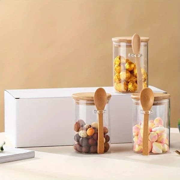 280ml candy jar cookie jar glass storage jar with sealed bamboo lid and spoon -10oz transparent glass bulk food storage jar 250424