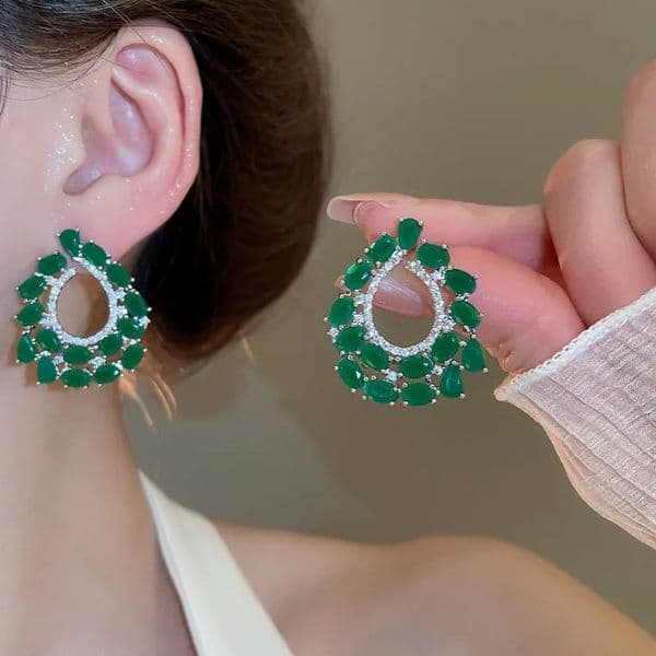 Minar Unusual Green Color CZ Cubic Zirconia Hollow Water Drop Pendant Earrings Silver Plated Copper Jewelry 250422