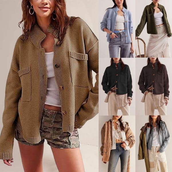 European and American V-neck pocket knitted cardigan 2025 autumn and winter new style loose and lazy soft and sticky design sweater jacket