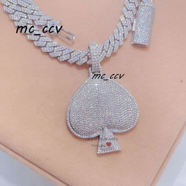 14K White Gold Fully Iced Out Moissanite Diamond Ace Spade Pendant