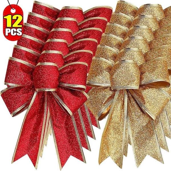 12/2PCS Glitter Christmas Bow Gold Red Xmas Tree Ribbon Bowknot Hanging Pendant Ornaments for New Year Party Home Decor Gifts Z251125