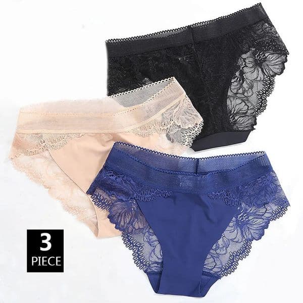 3PCS Seamless Sexy Hollow Lace Panties Women Ice Silk Transparent Temptation Flower Underwear Middle Waist Soft Smooth Breifs 251118