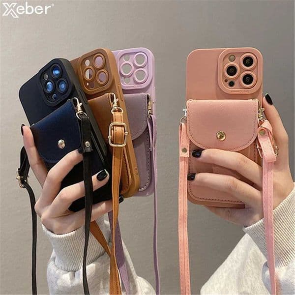 Crossbody Lanyard Slot Card Leather Wallet Phone Case For iPhone 16 15 Pro Max 14 13 12 Necklace Strap Rope Cord Silicone CoverM251125