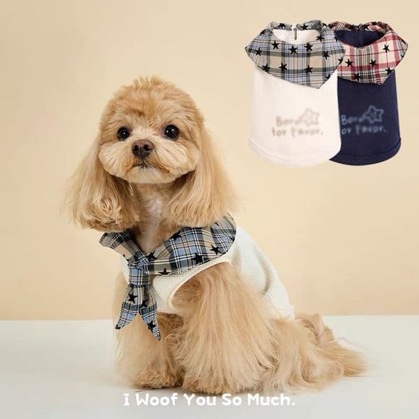 Preppy Style Dog Vest, Plaid Scarf Set Pet Top, Waffle Knit Puppy Clothing, Fashion Twin-Star Pet Apparel, Small Breed Dog Cat Vest, Maltese Bichon Schnauzer Pet Outfit A856
