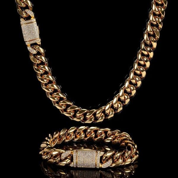 12mm Miami Mens Cuban Link Chain Necklace 316L Stainless Steel Gold Plated Necklace for Women with Full Iced Clasp 251118