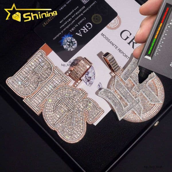 Hiphop Mossanite Iced GRA Soild Back Rose 18k Gold Plated 3D Letter S925 Custom VVS 14k Baguette IGI Moissanite Pendant