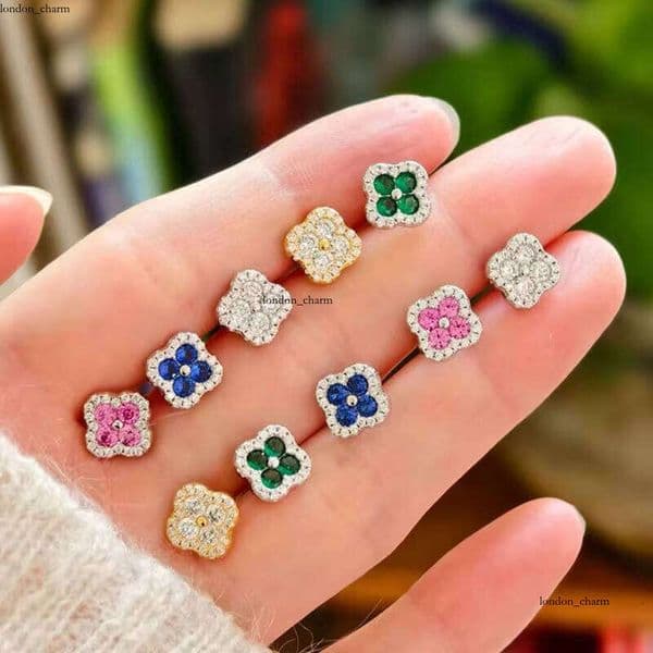 Manufacturer Wholesale 3D Luxurious S925 silver Colorful Lucky New Four-Leaf Clover Wedding Engagement VVS Moissanite Women's Earrings
