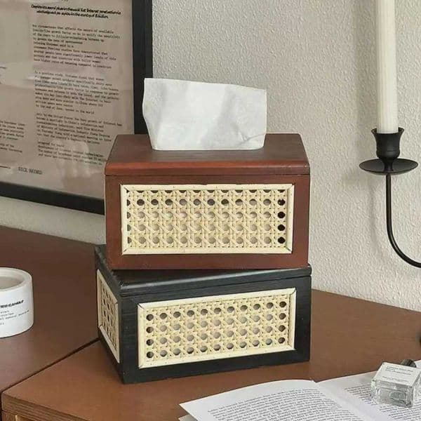 Solid Wood Rattan Tissue Box Thickened Wear-resistant Wooden Napkin Case with Wood Lid Wide Opening Woven Napkin Dispenser Y251126