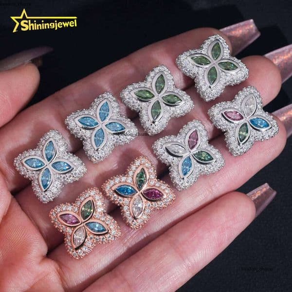 VVS Moissanite 925 Sterling Silver Colorful Clover with Screw Back Fine Jewelry for Men and Women Iced Silicon Stone Earrings
