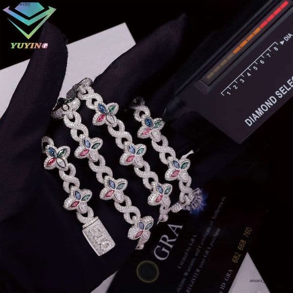 Fashion Hip-Hop Jewelry Gold-Plated 925 Sterling Silver Colorful Diaspore VVS Moissanite Four-Leaf Clover Necklace Cuban Chain