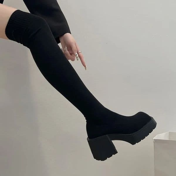 Size 35-40 Winter Womens Over The Knee Sock Boots Stretch Knitted Thick Heels Long Boots Woman Slip On Platform Shoes 251125