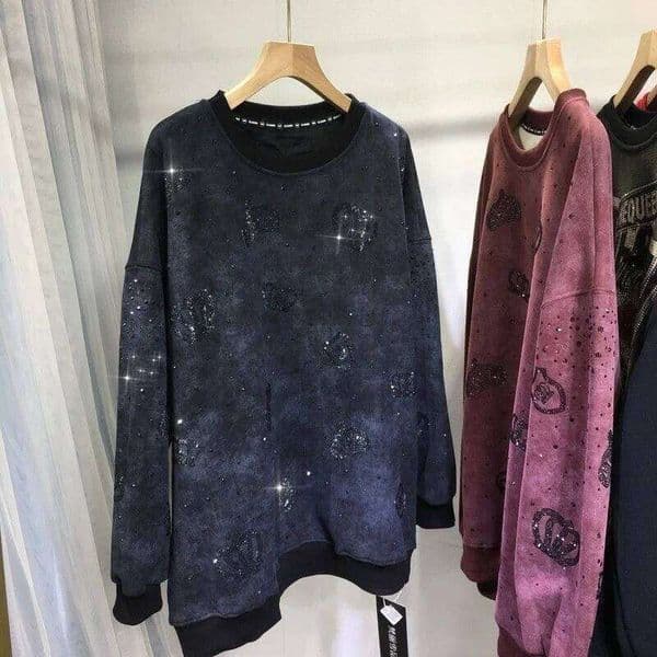 Limiguyue Luxury Diamond Crown Hoodie Women Thick Loose Mid Length Tops Casual Versatile Pullover Tie Dye Sweatshirt Winter 028A