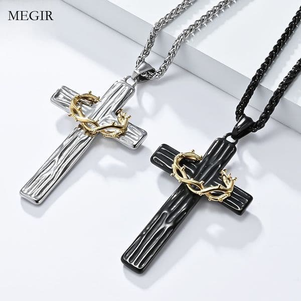 Luxury Brand Designer Jewelry Vintage Titanium Steel Flower Ring Cross Necklace Two-tone Wood Grain Stainless Steel Prayer Pendant Artistic Minimalist Jewelry