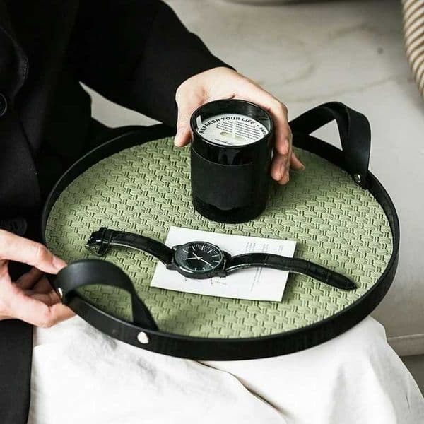 Luxury Modern Luxury Woven Leather and Wooden Round Tray - Jewelry Vanity Decorative Catchall Serving Tray for All Occasions Y251126a