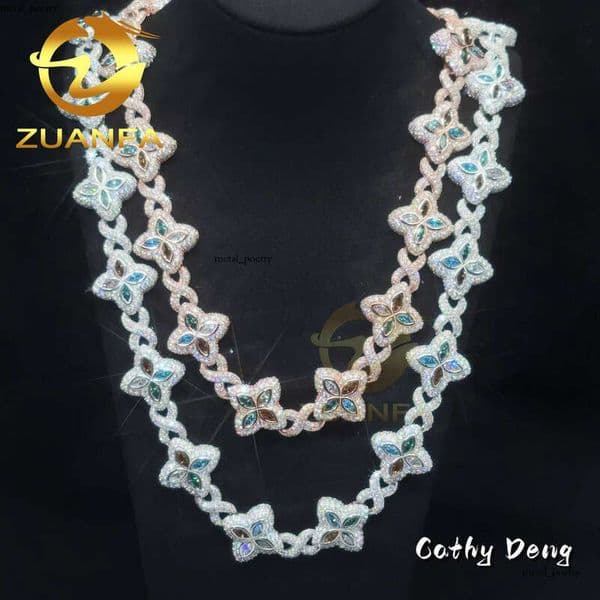 Luxurious Colorful VVS Moissanite Hip-Hop Jewelry Marquise Natural Diamond Chain 925 Silver Iced Cuban Bracelet Necklace CZ
