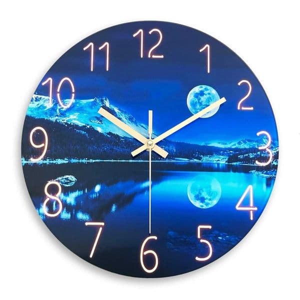 Creative Blue Moon Iceberg Moon Deep Forest Lake Pattern Tempered Glass Wall Clock Living Room Bedroom Kitchen Home Decoration Wall Clock C251126