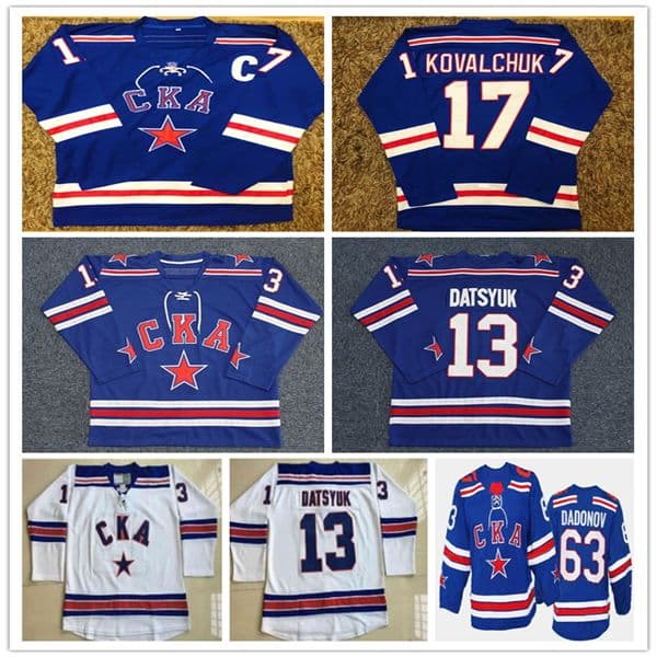 Russia SKA St Petersburg CKA Hockey Jersey 13 Pavel Datsyuk 17 Ilya Kovalchuk 91 Ivan Demidov 25 Mikhail Grigorenko 90 Valentin Zykov 40 Evgeny Ketov Stitched