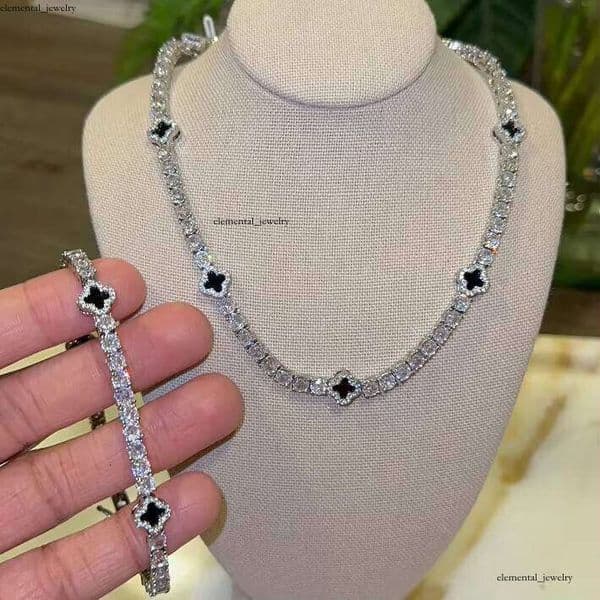 Women's Gold-Plated Pearl Tennis Bracelet Chain VVS Moissanite Diamond Jewelry Set Hip-Hop Iced Black Clover Necklace 15
