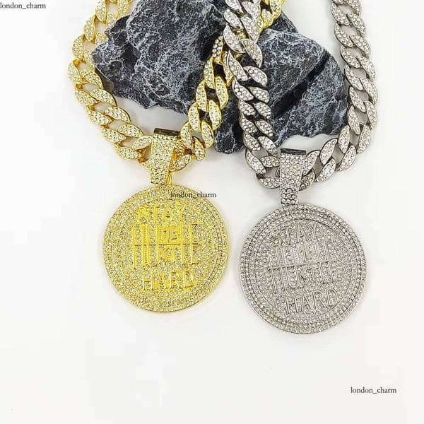 Ice out VVS Moissanite 2025 Iced Out 15mm Cuban Chain with Shiny Rhinestones and Alloy Hip Hop Hard Letter Round Pendant Necklace