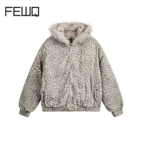 Fashion FEWQ Niche Design Mens Fleece Jackets Hooded Leopard Print Fur Thick Padded Coats Thermal Contrast Color Male Clothing CPG2405 Y251125