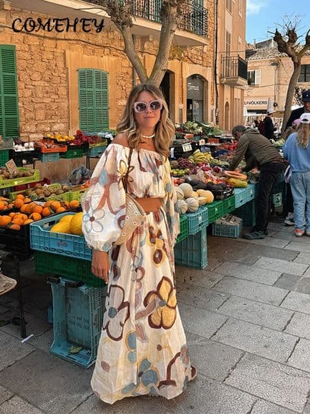 Bohemian print top set womens shoulder long sleeved crop top loose long sleeved summer beach holiday set 250422