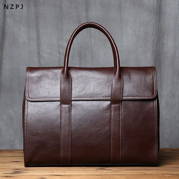 NZPJ Vintage Genuine Leather Mens Briefcase Natural Cowhide Handbag Casual Men Bag Wearable Luggage For 14 Inch Laptops 251124