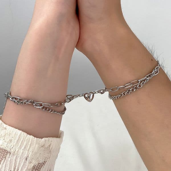 Heartbeat Couple INS Trend Niche Design Double Layer Splicing Magnetic Heart Bracelet Best Friend Gift