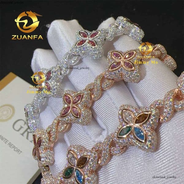 18mm 925 Silver Marquise Flower Design Hip Hop Jewelry Iced Out VVS Moissanite Diamond Infinity Cleef Clover Cuban Bracelet 58