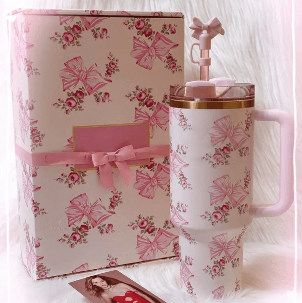Ship from USA 40oz Water Bottles Blue Magnolia Pink Rose Lilac Floral Cups 40 OZ Stainless Steel Tumblers With Handle Lid And Straw Travel Car Mugs GG0426