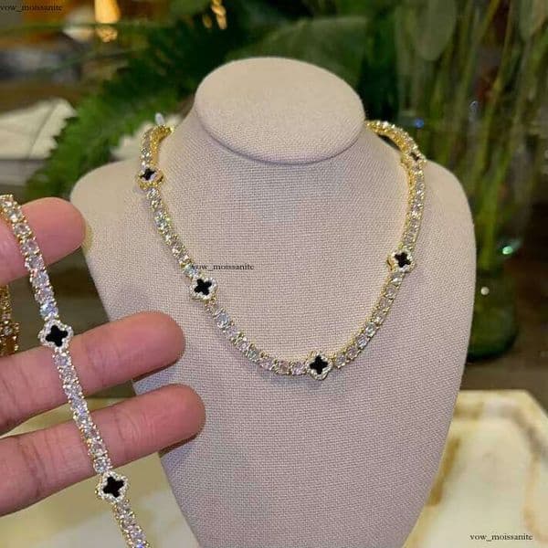 Women's Gold-Plated Pearl Tennis Bracelet 18k Chain VVS Moissanite Diamond IGI 14k Jewelry Set GRA Hip-Hop Iced Black Clover Necklace