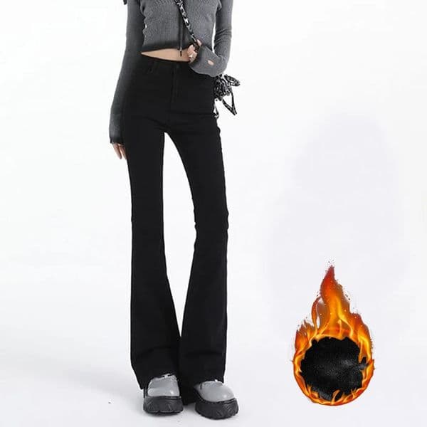 Winter Girls Chic Thermal Plush High Waist Flared Jeans Lady Korean Thin Denim Trouser Snow Warm Fleece Bell Bottom Pants 251114