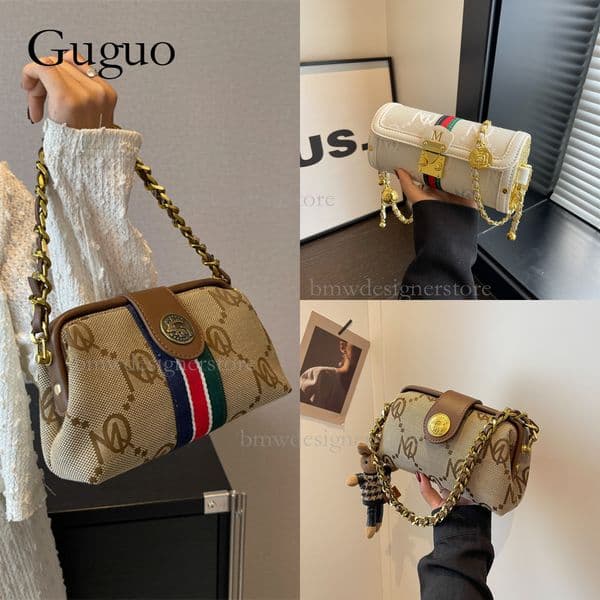 Guguo Designer Luxury Women's Vintage Floral Handbag Retro Fashion Metal Buckle Chain Shoulder Crossbody Lightweight And Trendy Printed Striped Canvas Bag